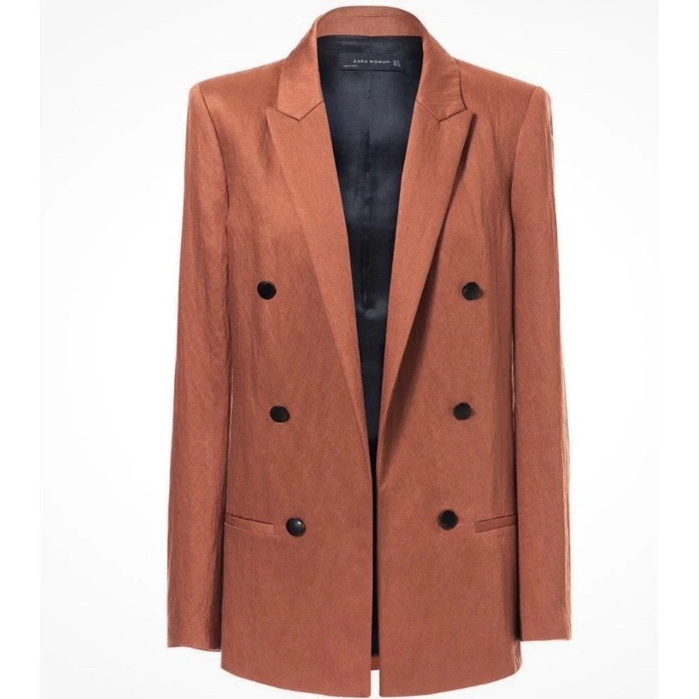 ZARA WOMAN LONG DOUBLE BREASTED JACKET‎ COAT BLAZER ORANGE RUSSET - Large
